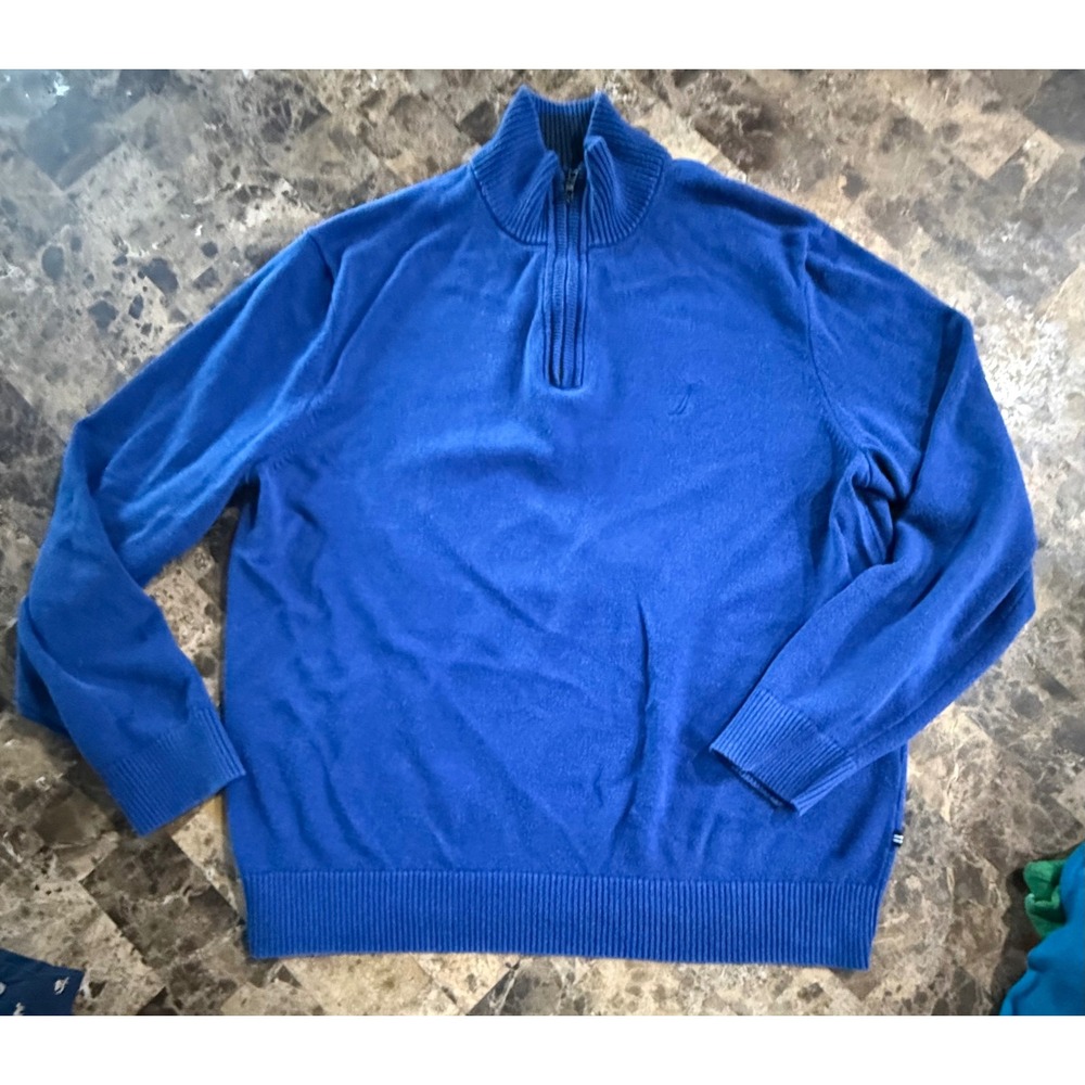 Nautica Mens XL Quarter Zip Pullover Sweater Blue Cotton Blend H12316